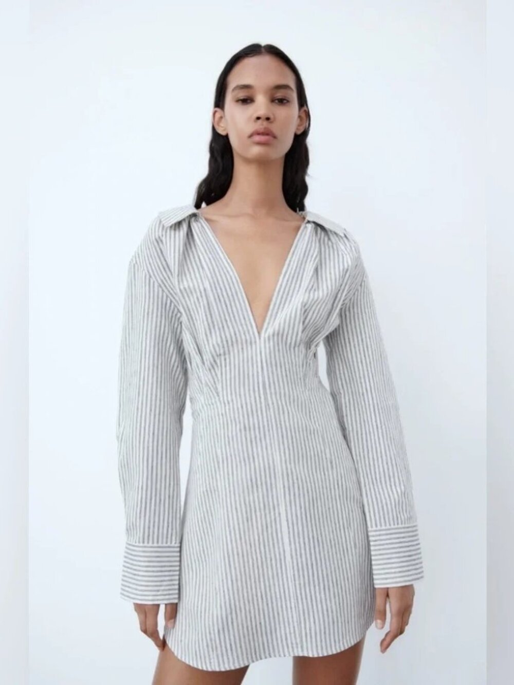 Zara Sz M FLAW Camille Dress Striped Cotton Plunge Collar Long Sleeve Fitted